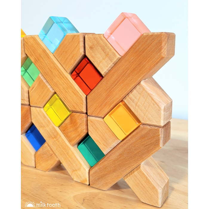 Bauspiel | X-Shapes | 24 Blocks with Tray | Cross Shaped Wooden Building Blocks