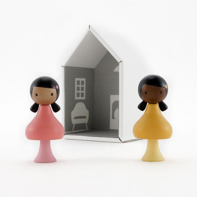 CLiCQUES | Magnetic Wooden Toys | Ruby &amp; Coco pink &amp; yellow girls with house