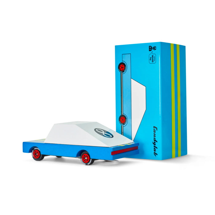 Candylab Blue Racer #8 wooden toy car at Milk Tooth