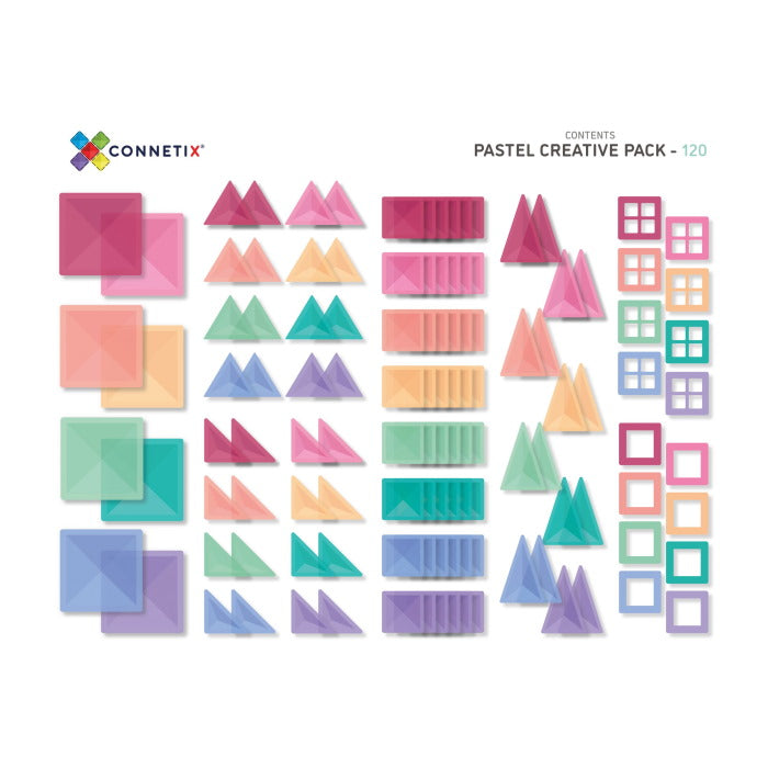 Connetix Magnetic Tiles | 120 Piece Pastel Creative Pack pack contents number of tiles and colours