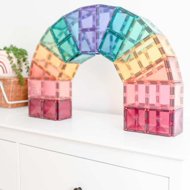 Connetix Tiles | 202 Piece Pastel Mega Pack rainbow magnetic build at Milk Tooth