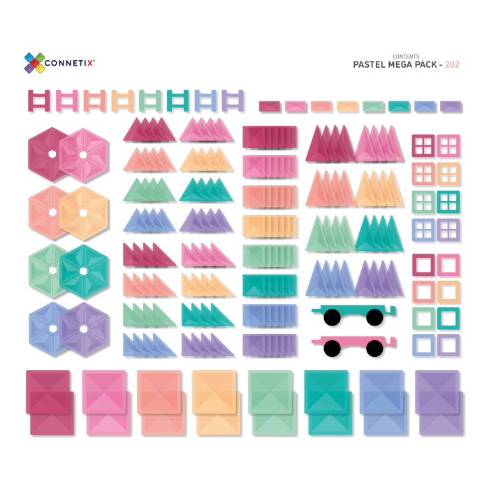 Connetix Tiles | 202 Piece Pastel Mega Pack pack contents number of tiles at Milk Tooth