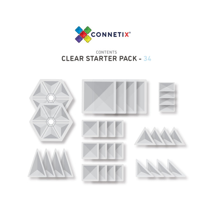 Connetix Tiles | 34 Piece Clear Pack contents what&#39;s included at Milk Tooth