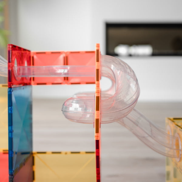 Connetix Tiles | 66 Piece Rainbow Ball Run Expansion Pack with swirly spiral tubes at Milk Tooth