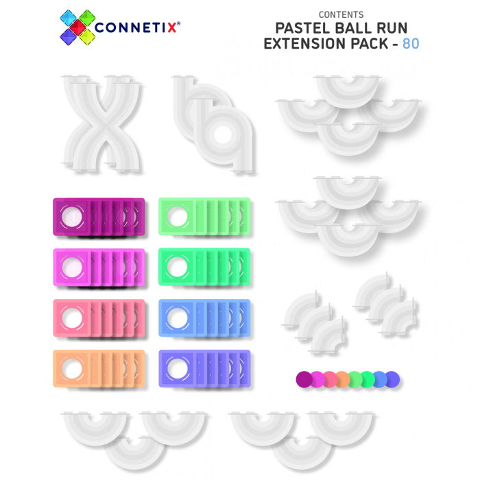 Connetix Tiles | 80 Piece Pastel Ball Run Expansion Pack contents inclusions at Milk Tooth