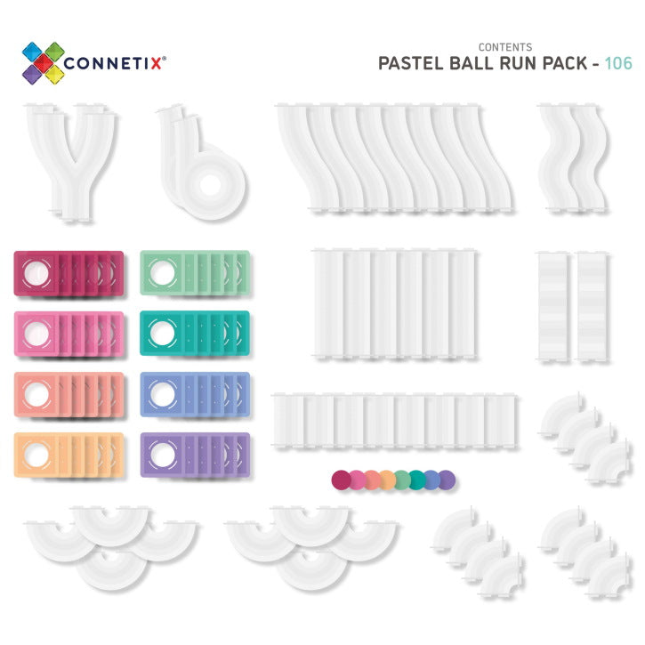 Connetix Tiles | 106 Piece Pastel Ball Run | Pack Contents at Milk Tooth
