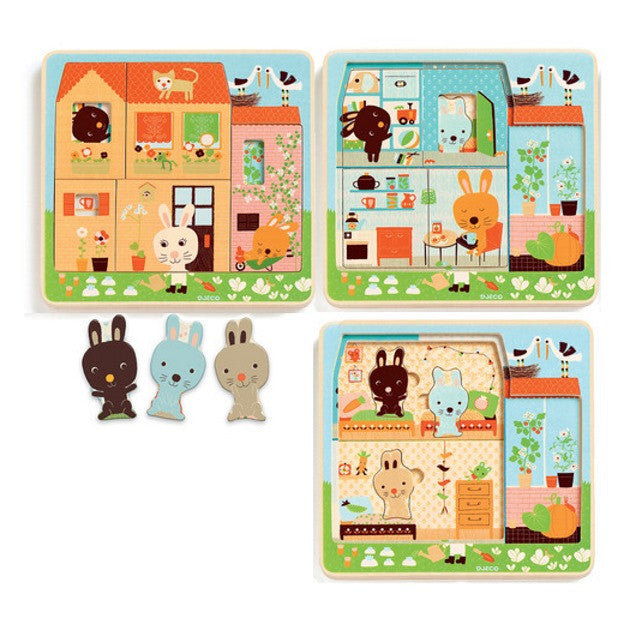 Djeco | Three-Layer Wooden Puzzle | Rabbits at Chez Carot