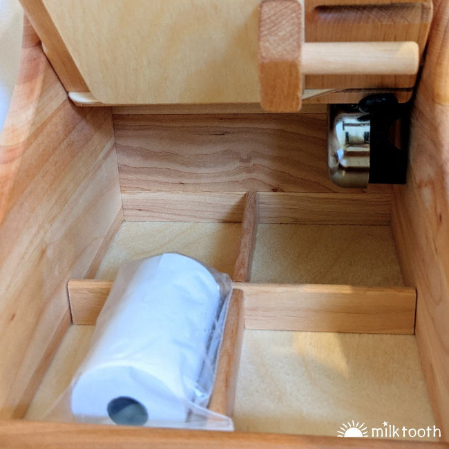 Drewart | Cash Register | Wooden Toy inside cash drawer divided compartments, paper receipt roll, and bell