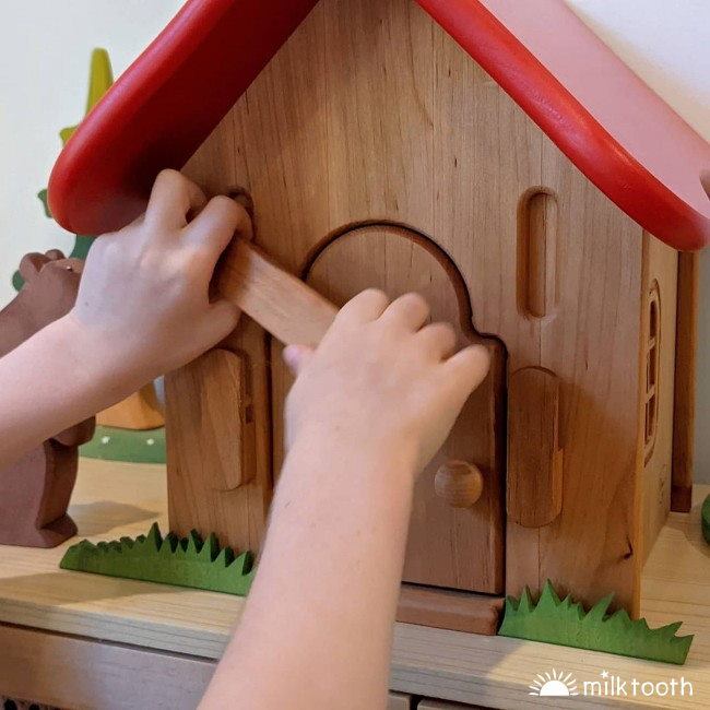 Drewart | Witch&#39;s Shed Red Roof | Wooden Doll House child opening door