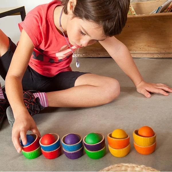 Grapat | Bowls and Balls | 18 Pieces | Coloured Wooden Toys