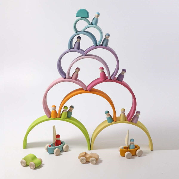 Grimm&#39;s Pastel Large Rainbow wooden stacking toy at Milk Tooth