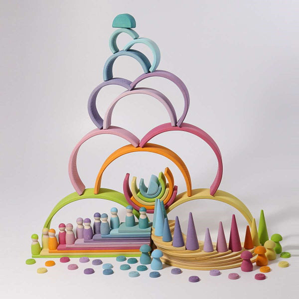 Grimm&#39;s Pastel Large Rainbow wooden stacking toy at Milk Tooth