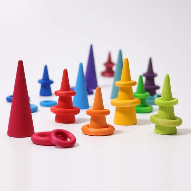 Grimm&#39;s | Rainbow Forest | Wooden Cones Toy Set wih Rings
