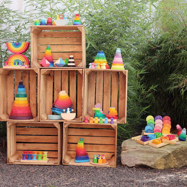 Grimm&#39;s Wooden Toys Stackers Rainbow Mushrooms Bobbins Moons