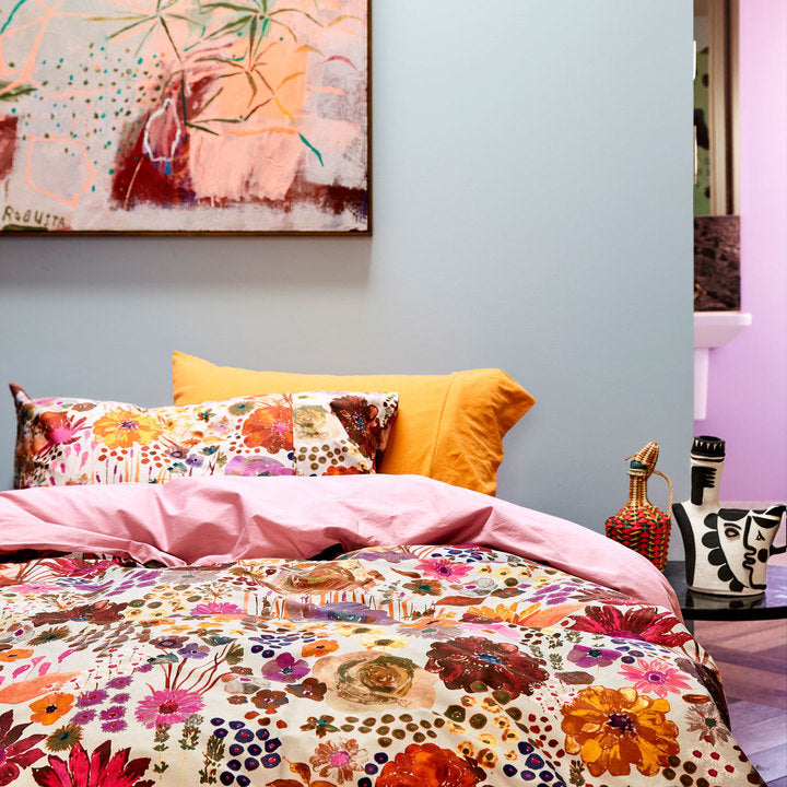 Kip and Co | Quilt Cover | King Single/Double | Field of Dreams styled with mustard yellow and pink purple