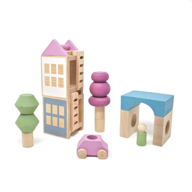 Lubulona | Car in Pink with Mint Green Figure with town and trees wooden toys