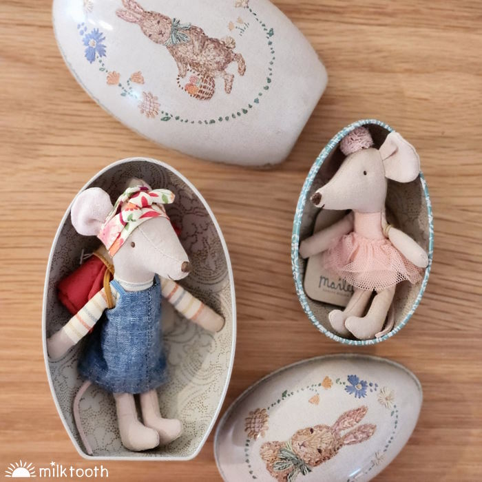 Maileg Metal Easter Eggs with Big Sister Hiker Mouse &amp; Little Sister Ballerina Mouse at Milk Tooth Australia