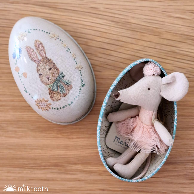 Maileg Metal Easter Eggs with Little Sister Ballerina Mouse at Milk Tooth Australia