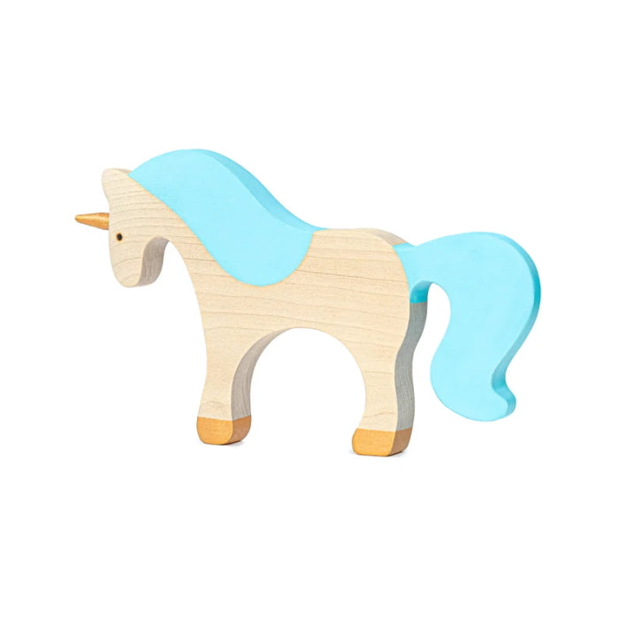 Mikheev | Unicorn in Blue &amp; White wooden toy at Milk Tooth