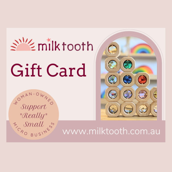 Milk Tooth Gift Card for a range of beautiful toys and decor for a new baby, child&#39;s birthday, or Christmas