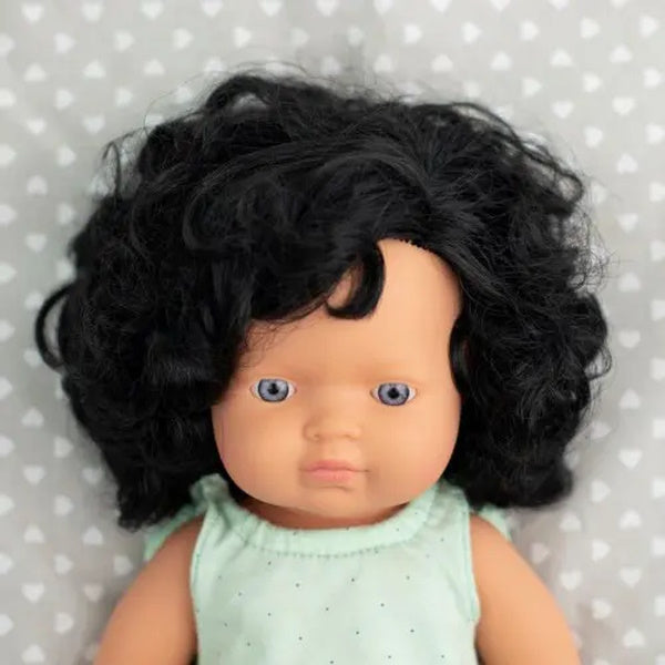 Miniland | Baby Doll 38cm | Black Curly Hair Caucasian Girl at Milk Tooth