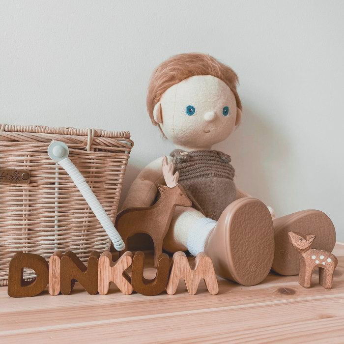 Poppet Dinkum Doll from Olli Ella with Straw Piki Basket and Ostheimer Small Deer