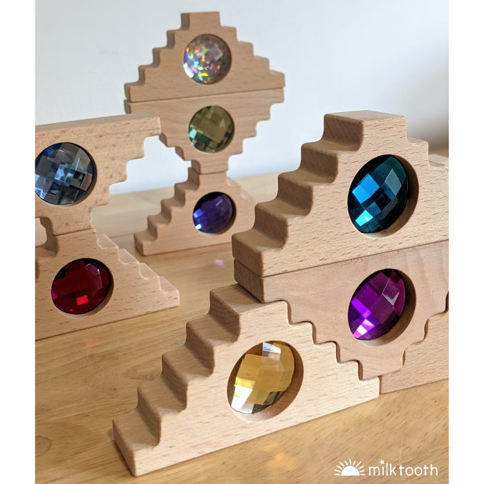 Papoose | Dutch Step Gables | 16 Blocks with Tray | wooden block toys with gems and jewels