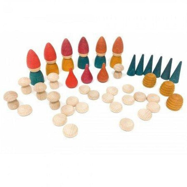 Grapat | Nins Tomten | Wooden Toy Set with Mushrooms, Coins, Honeycomb, Fire, and Cones