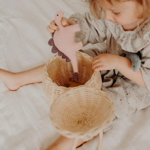 Olli Ella | Holdie Dinosaurs wool felt toys with Rattan Egg Basket