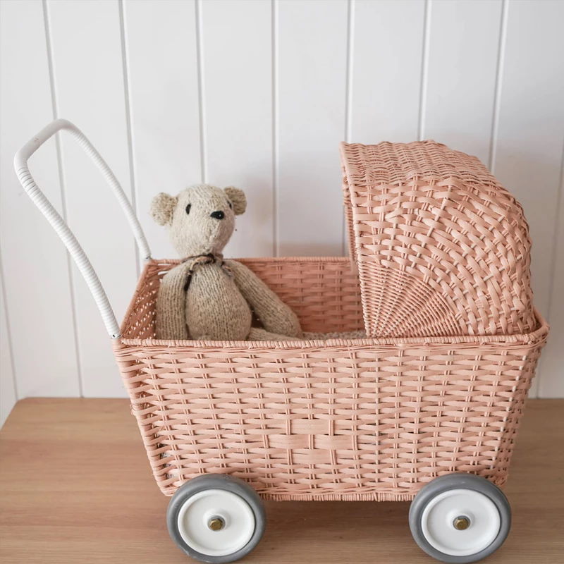 Olli Ella Strolley Doll's Pram in Rose Pink at Milk Tooth Australia