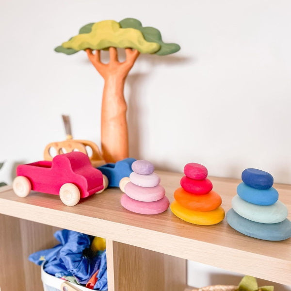 Grimm's | Building Set | Flamingo Pebbles | Pink Purple Wooden Stone Toys